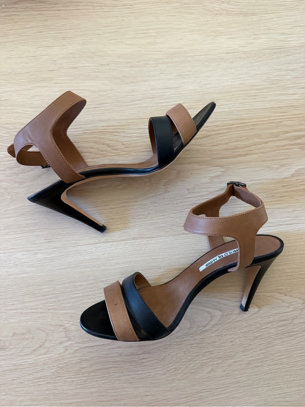 Manolo Blahnik Black and Brown Two-Tone Ankle Strap Heels 37.5